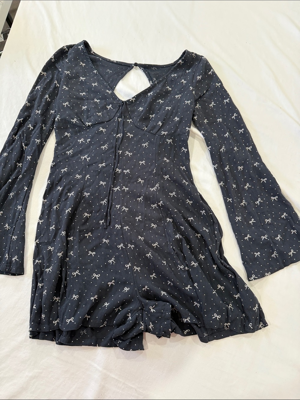 American Eagle Outfitters Navy Bow-Print Long-Sleeve Romper